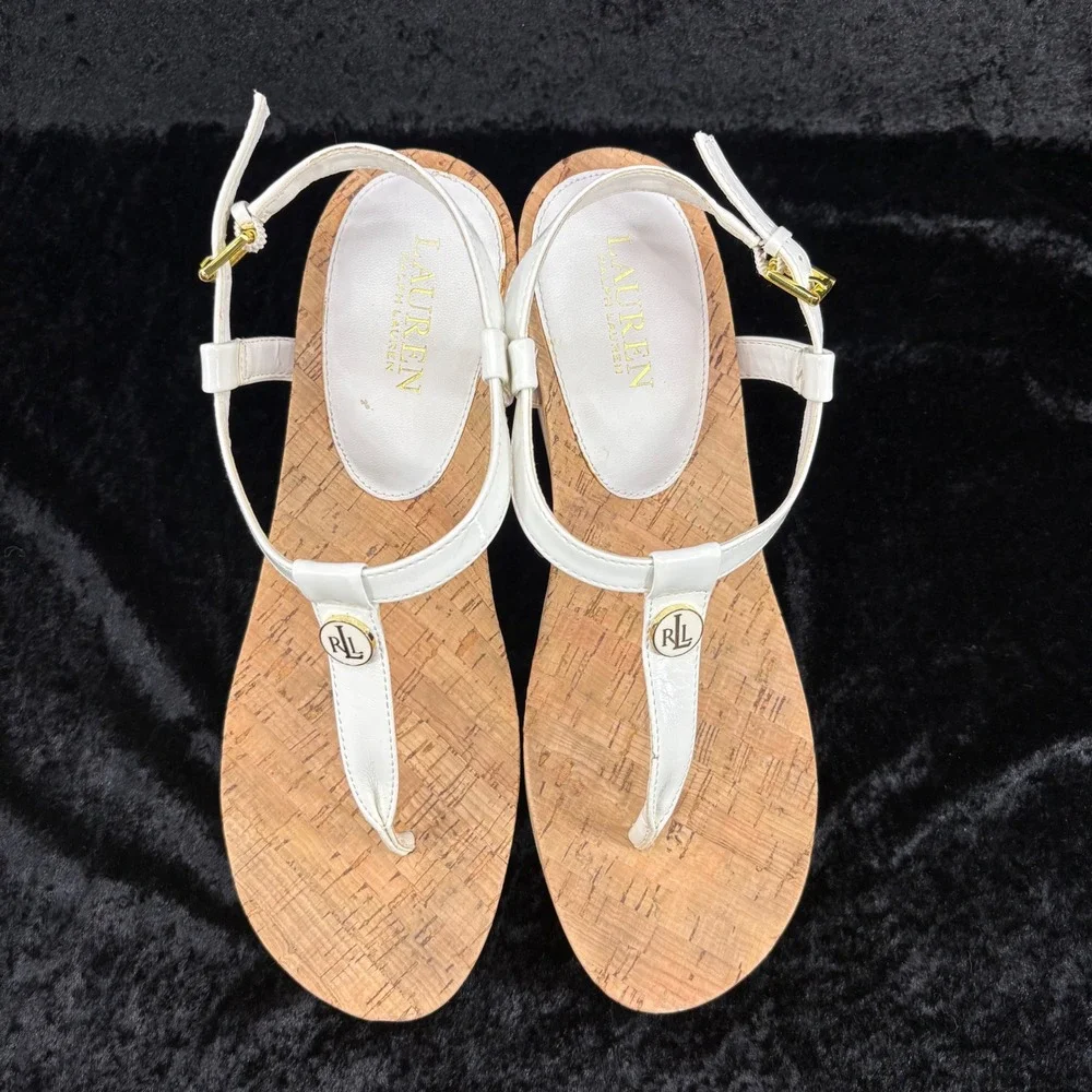 Lauren Ralph Lauren White Cork Wedge T-Strap Sandals Est Women's Size 9-see desc